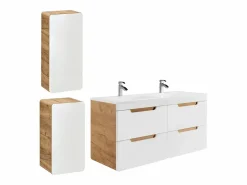 Vente-unique Conjunto De Baño | Mueble de baño doble lavabo color natural y blanco con columnas, L120 cm, ARUBA