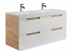 Vente-unique Conjunto De Baño | Mueble de baño doble lavabo color natural y blanco con columnas, L120 cm, ARUBA