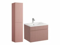 Vente-unique Conjunto De Baño | Mueble de baño estriado rosa con lavabo encastrado y columna, 60 cm, SATARA