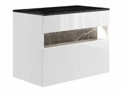 Vente-unique Mueble De Lavabo | Mueble de baño flotante con luces LED y encimera - Blanco y natural oscuro - Ancho 80 cm - POZEGA