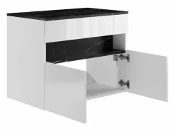 Vente-unique Mueble De Lavabo | Mueble de baño flotante con luces LED y encimera - Blanco y natural oscuro - Ancho 80 cm - POZEGA