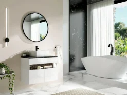 Vente-unique Mueble De Lavabo | Mueble de baño flotante con luces LED y encimera - Blanco y natural oscuro - Ancho 80 cm - POZEGA