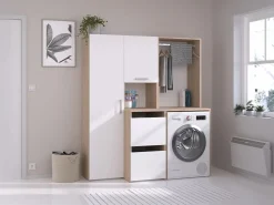 Vente-unique Mueble Para Lavadora | Mueble para lavadora con almacenamiento - Natural claro - L157 x A184 cm - ERKANO