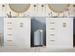 2 Muebles de baño de cerámica - 76,5 x 46,5 x 84,5 cm - con 3 cajones + estante lateral + 2 puertas - MDF - < Merax Discount
