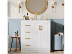 2 Muebles de baño de cerámica - 76,5 x 46,5 x 84,5 cm - con 3 cajones + estante lateral + 2 puertas - MDF - < Merax Discount