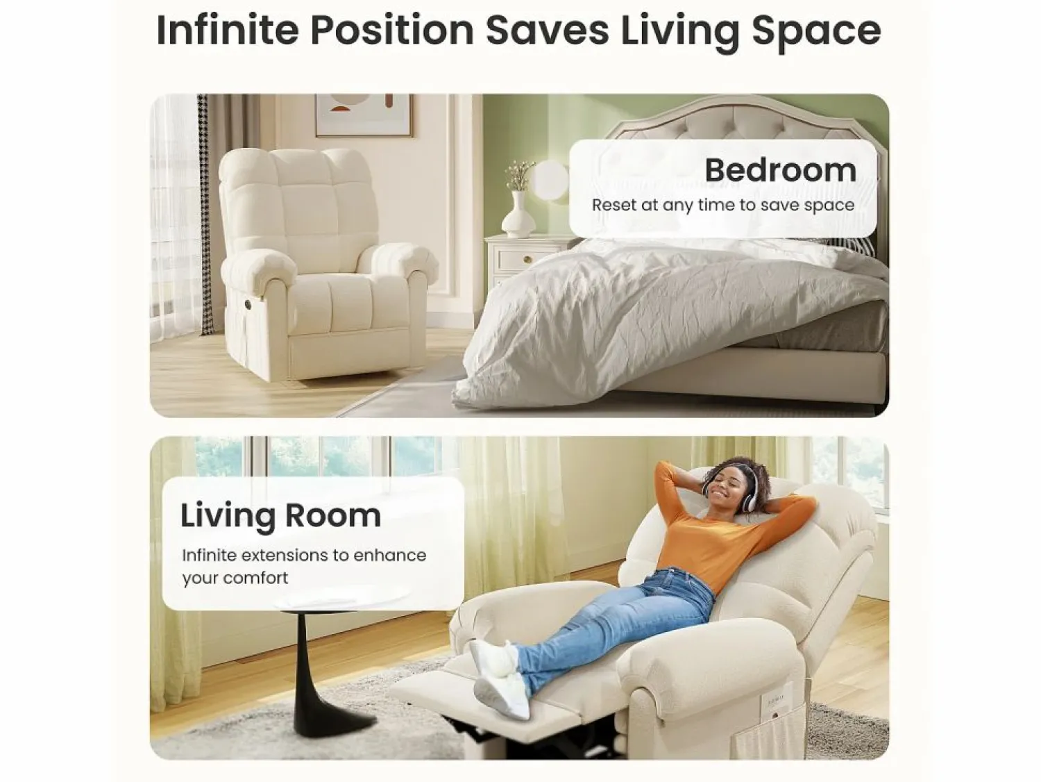 DripeX Sillón Escandinavo * Relájate sillón de terciopelo eléctrico de teddy, silla de ocio ajustable con USB, anti -estatal con reposapiés - 96x97x104cm Beige