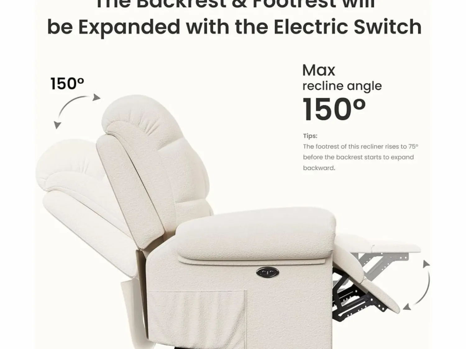 DripeX Sillón Escandinavo * Relájate sillón de terciopelo eléctrico de teddy, silla de ocio ajustable con USB, anti -estatal con reposapiés - 96x97x104cm Beige