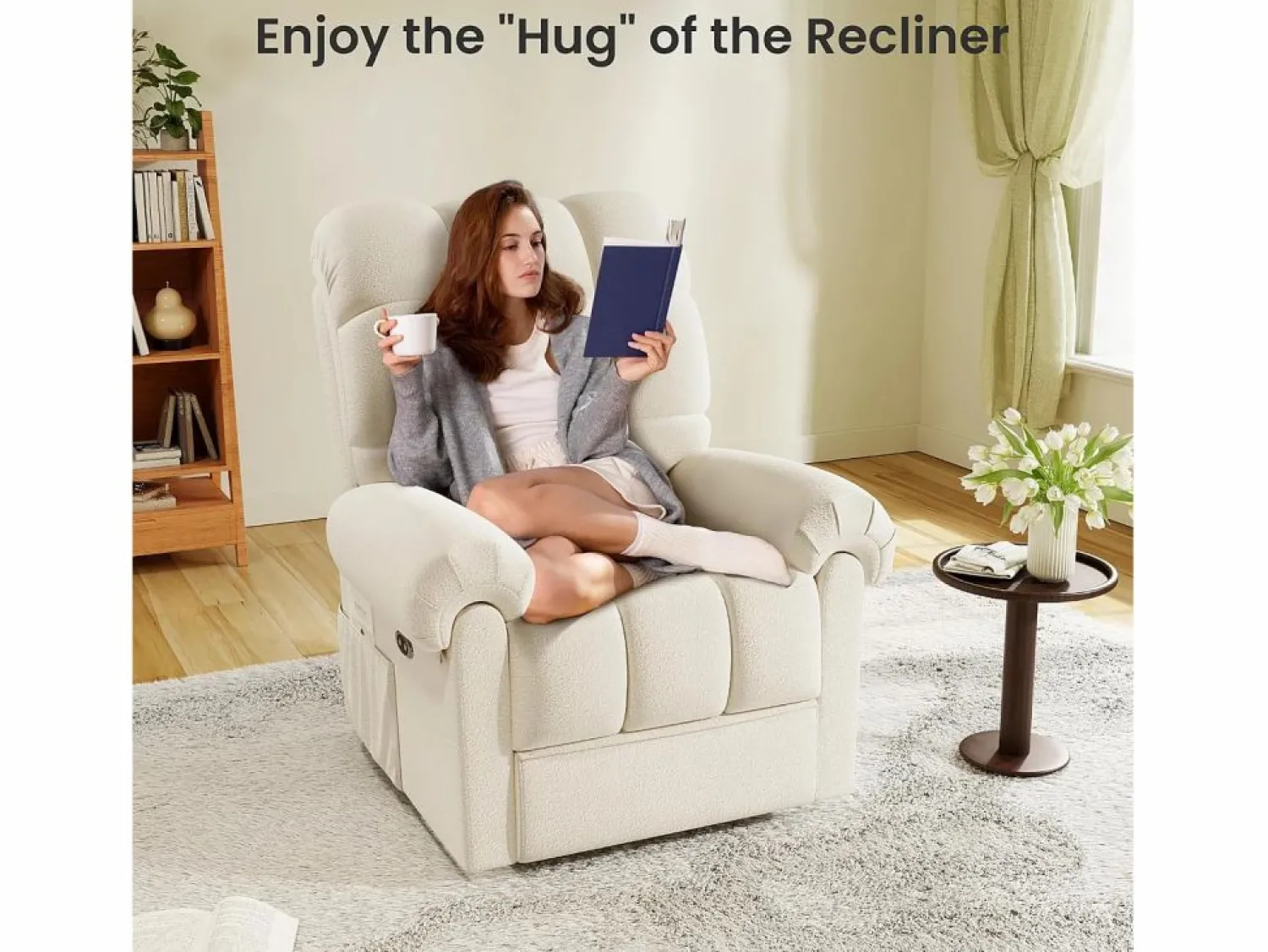 DripeX Sillón Escandinavo * Relájate sillón de terciopelo eléctrico de teddy, silla de ocio ajustable con USB, anti -estatal con reposapiés - 96x97x104cm Beige