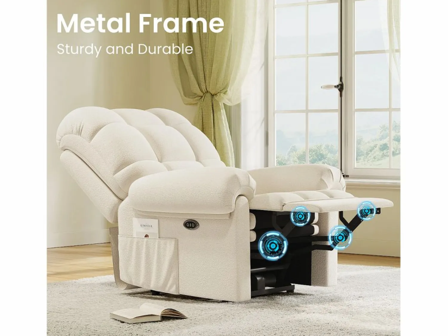 DripeX Sillón Escandinavo * Relájate sillón de terciopelo eléctrico de teddy, silla de ocio ajustable con USB, anti -estatal con reposapiés - 96x97x104cm Beige