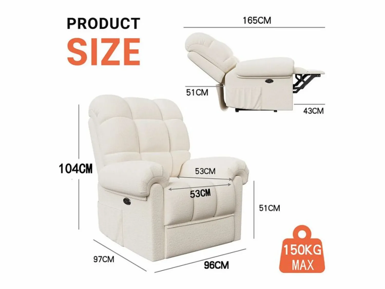 DripeX Sillón Escandinavo * Relájate sillón de terciopelo eléctrico de teddy, silla de ocio ajustable con USB, anti -estatal con reposapiés - 96x97x104cm Beige