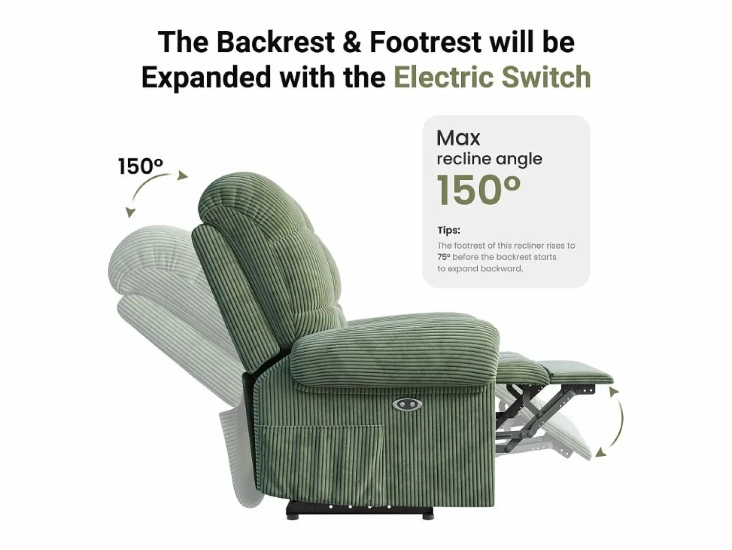 DripeX Sillón Escandinavo * Relájate sillón de terciopelo eléctrico de sillón, silla de ocio ajustable con USB, respaldo ajustable, antiestático con reposapiés - 96x97x104cm Verde
