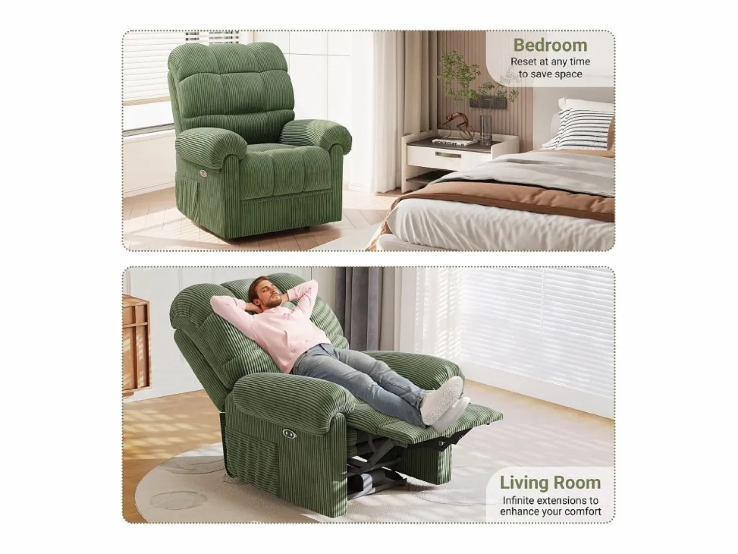 DripeX Sillón Escandinavo * Relájate sillón de terciopelo eléctrico de sillón, silla de ocio ajustable con USB, respaldo ajustable, antiestático con reposapiés - 96x97x104cm Verde