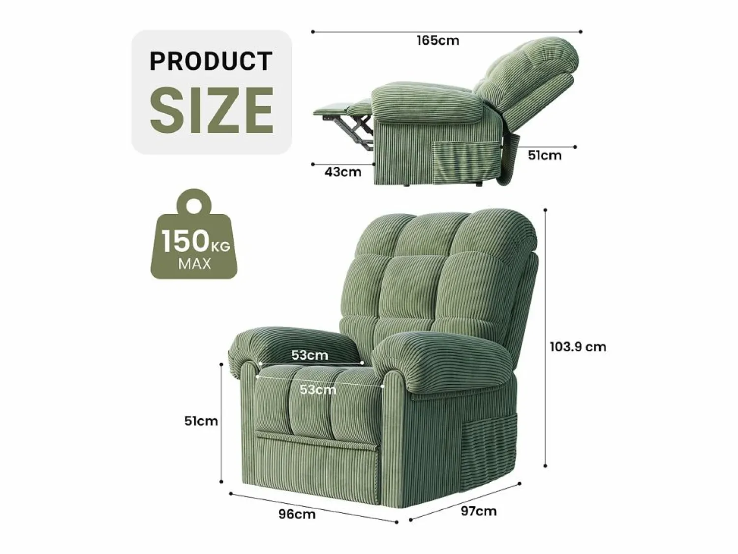 DripeX Sillón Escandinavo * Relájate sillón de terciopelo eléctrico de sillón, silla de ocio ajustable con USB, respaldo ajustable, antiestático con reposapiés - 96x97x104cm Verde