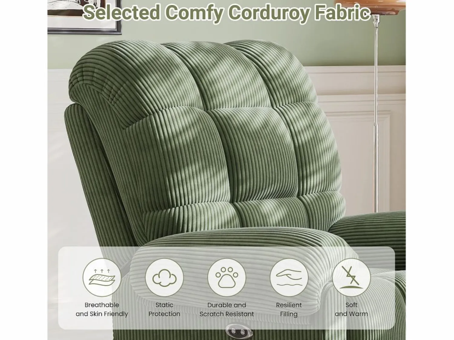 DripeX Sillón Escandinavo * Relájate sillón de terciopelo eléctrico de sillón, silla de ocio ajustable con USB, respaldo ajustable, antiestático con reposapiés - 96x97x104cm Verde