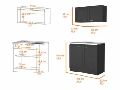 TuHome Cocina Completa * Set Muebles de cocina Zurich en Melamina,con mueble de encimera en acero inoxidable y mueble sobre campana ,32 / 52 cm X 100 cm X 49/93.6 cm , Negro