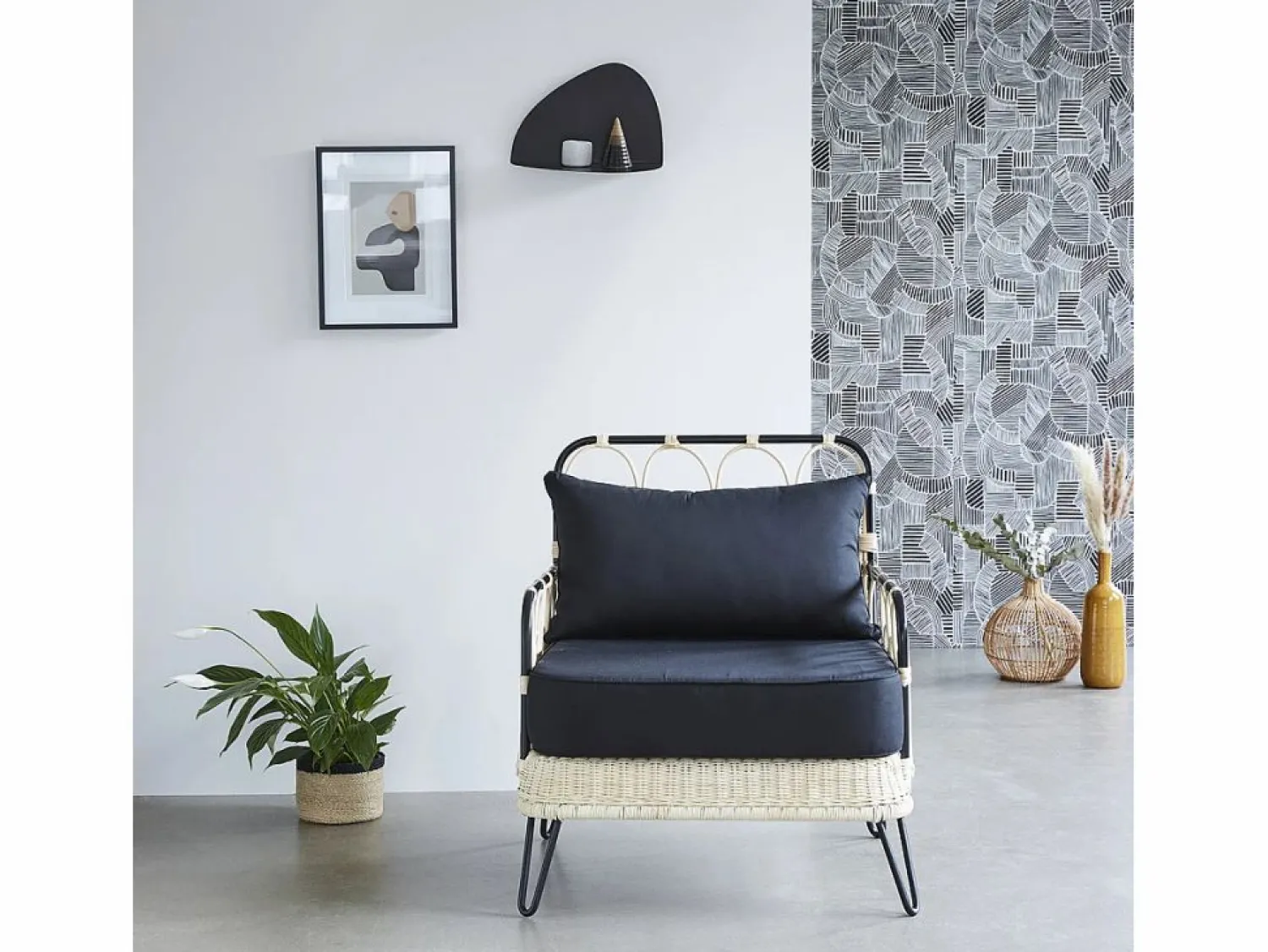 BERAH GETAH Sillón De Mimbre | Silla de ratán y metal negra