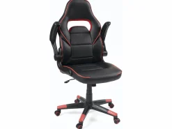 Silla gamer de cuero sintético, asiento reclinable y giratorio, reposabrazos acolchados abatibles, ruedas suaves BAJA (negro-rojo) < Kayelles Sale