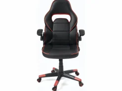 Silla gamer de cuero sintético, asiento reclinable y giratorio, reposabrazos acolchados abatibles, ruedas suaves BAJA (negro-rojo) < Kayelles Sale