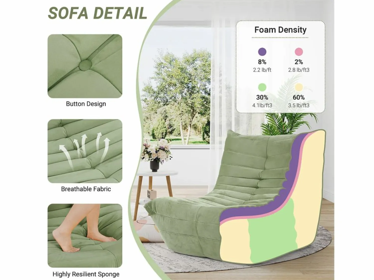 DripeX Sillón Escandinavo * Silla Strazy in Green Caterpillar - Asiento profundo de 62 cm - 80x85x84cm Verde