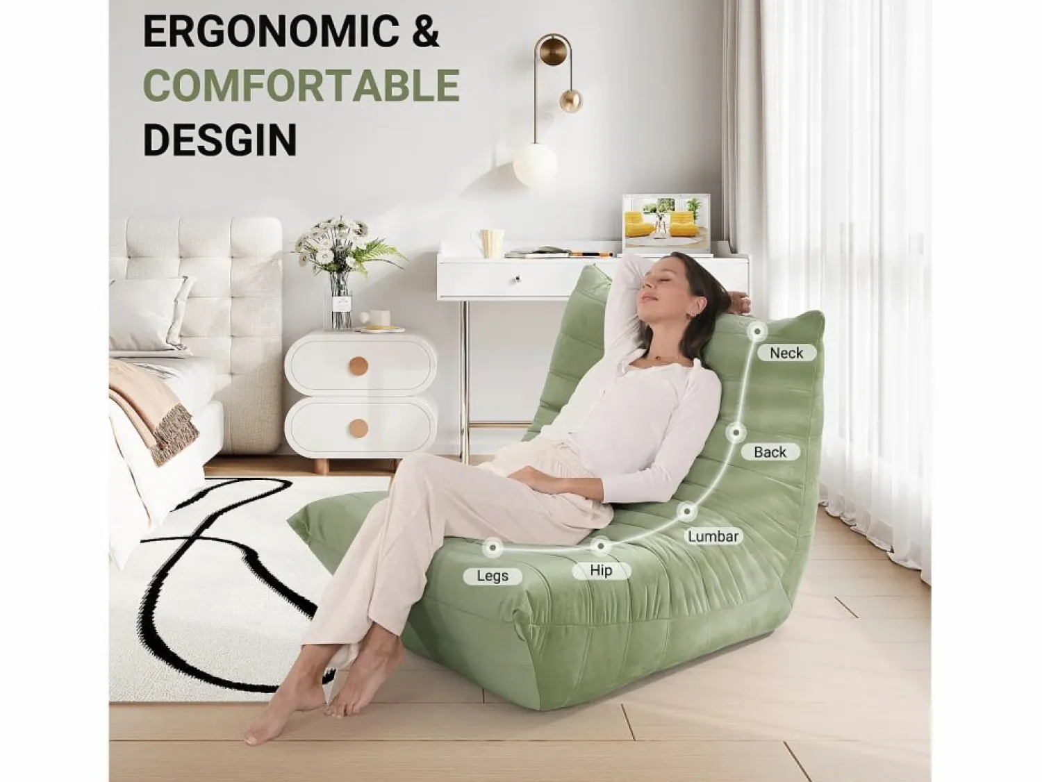 DripeX Sillón Escandinavo * Silla Strazy in Green Caterpillar - Asiento profundo de 62 cm - 80x85x84cm Verde