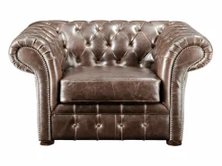 Sillón chesterfield de piel envejecida marrón CLOTAIRE < Vente-unique Outlet