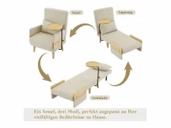 DripeX Sillón Cama * Sillón convertible de lino , con mesa de madera y almohada, respaldo ajustable, superficie para acostarse 180x62 cm Beige