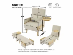 DripeX Sillón Cama * Sillón convertible de lino , con mesa de madera y almohada, respaldo ajustable, superficie para acostarse 180x62 cm Beige