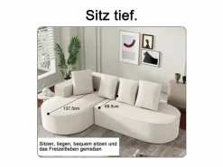 DripeX Sofá De Terciopelo|Sofás Club * Sofá angular izquierdo de Pana de canalé grueso con 4 cojines - 265x67x40,5cm - Blanco