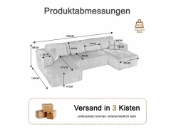 DripeX Sofá Modular|Sofás Club * Sofá angular panorámico - Terciopelo acanalado - 4 cojines, 2 orejeros, 2 chaises - 332x156x88cm Gris