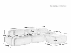 Sofá angular 3 plazas modular - de Pana - con 3 cojines y otomana - 298x178x75cm - < DripeX New