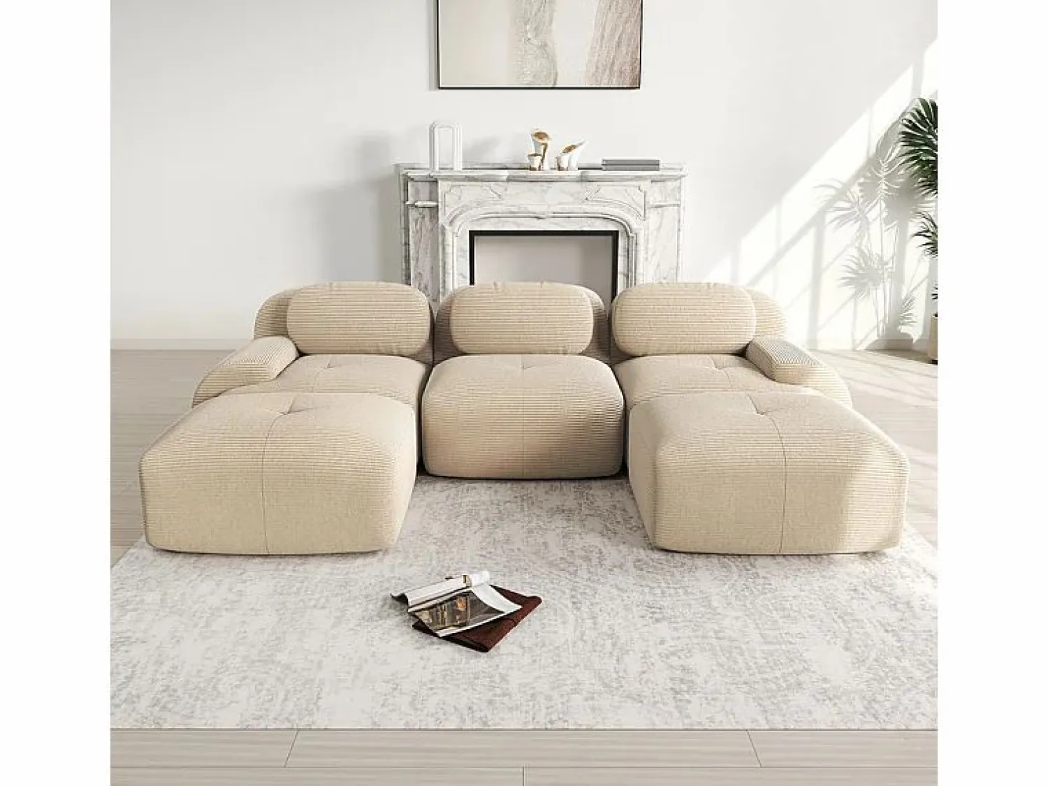 DripeX Sofá Modular|Sofás Club * Sofá angular 3 plazas modular - de Pana - con 3 cojines y 2 otomanas - 298x178x75cm - Beige