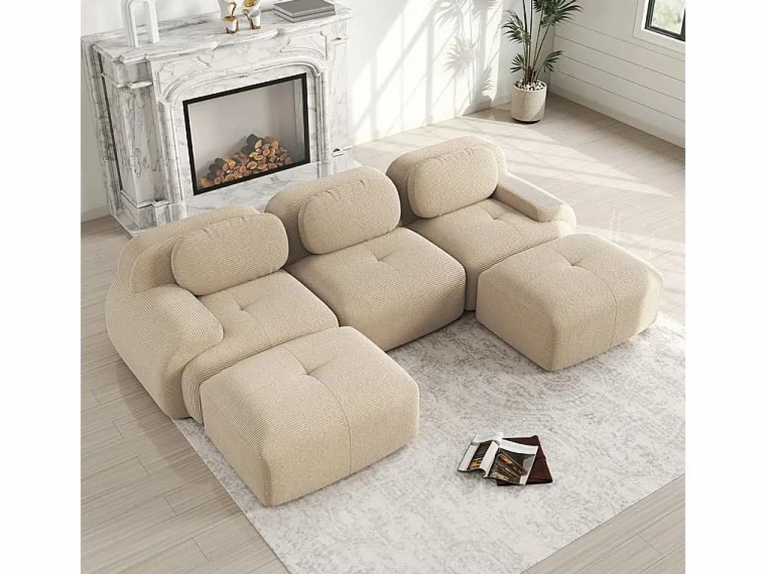 DripeX Sofá Modular|Sofás Club * Sofá angular 3 plazas modular - de Pana - con 3 cojines y 2 otomanas - 298x178x75cm - Beige