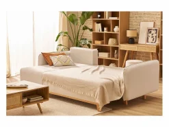 Sofá cama chaise longue reversible 3-4 plazas de tejido efecto aterciopelado texturizado y madera clara ROMANE < Miliboo New