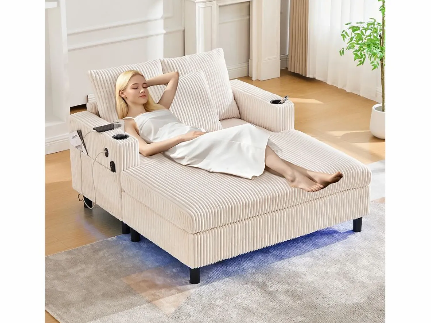 Sofá cama de 3 plazas - 142 x 128 x 85 cm - con portavasos + puertos USB + LED - terciopelo - < Merax Online