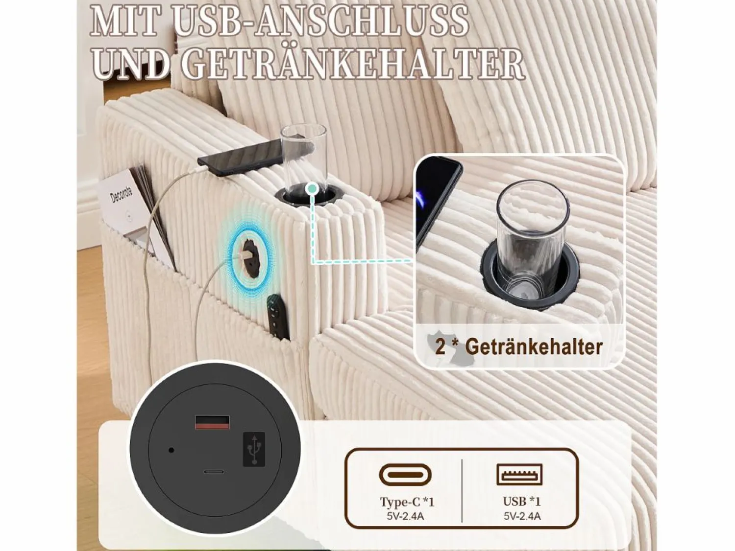 Sofá cama de 3 plazas - 142 x 128 x 85 cm - con portavasos + puertos USB + LED - terciopelo - < Merax Online