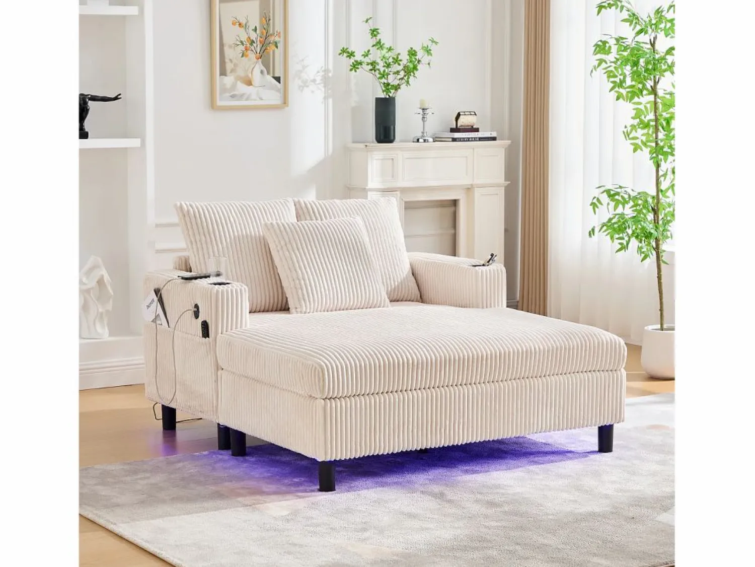 Sofá cama de 3 plazas - 142 x 128 x 85 cm - con portavasos + puertos USB + LED - terciopelo - < Merax Online