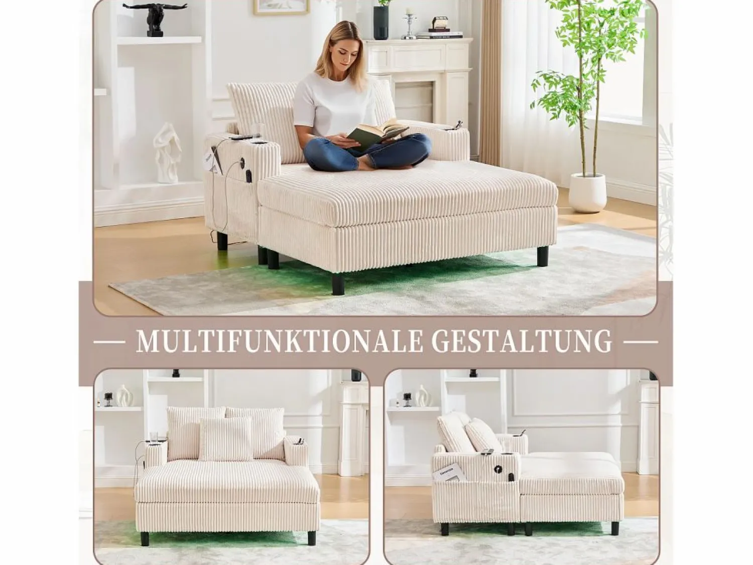 Sofá cama de 3 plazas - 142 x 128 x 85 cm - con portavasos + puertos USB + LED - terciopelo - < Merax Online