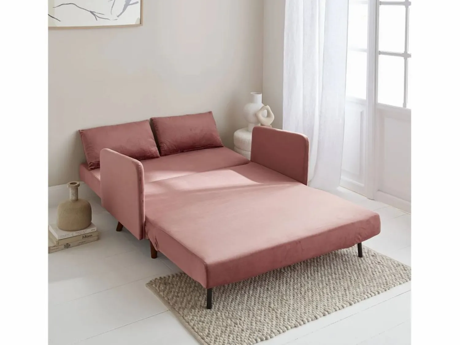 Sofá cama de terciopelo con patas de madera, 2 plazas viejo < Sweeek Best