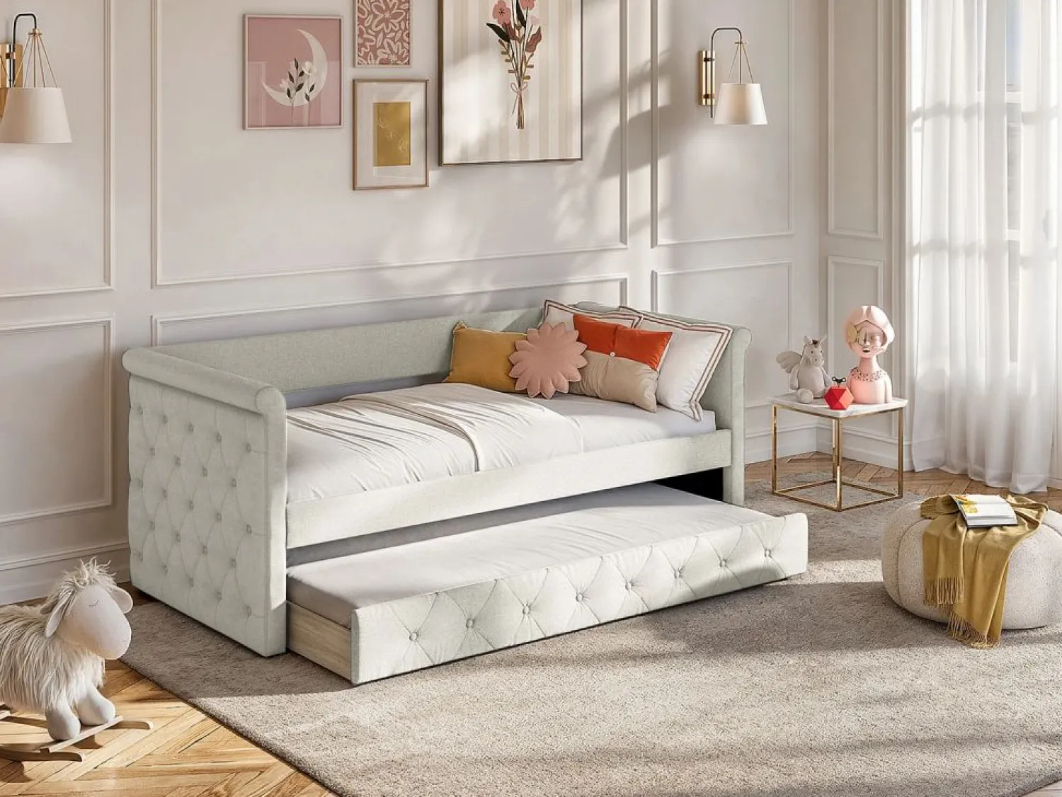 Vente-unique Cama Diván|Cama Nido | Sofá cama extraíble de 2 x 90 x 190 cm en tejido con colchón - LOUISE