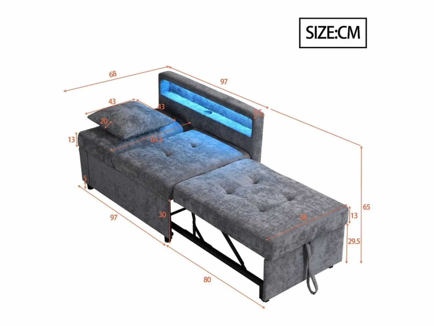 Sofá cama multifuncional - respaldo ajustable - reposabrazos con bandas luminosas LED - Puerto USB/Type-C - < ModernLuxe