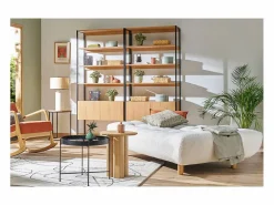 Sofá cama nórdico 3 plazas de borreguillo y madera clara YUMI < Miliboo Best