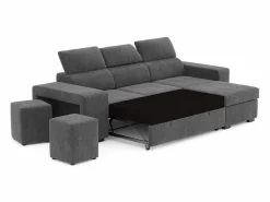 Sofá - 3 Plazas|Sofá De Tela | Sofá Cama 3 Plazas Oscuro con Chaise Longue Reversible Lado Derecho/Izquierdo - Reposacabezas Ajustables - 2 Pufs (263 x 127 x 96 cm) - JOHN