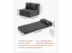 Sofá-Cama Plegable SucceBuy, 3 en 1 Plegable con 2 Almohadas, Gris Oscuro, Individual <