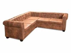 Sofá Chesterfield de esquina 5 plazas de cuero artificial marrón < Clicnbuy Outlet