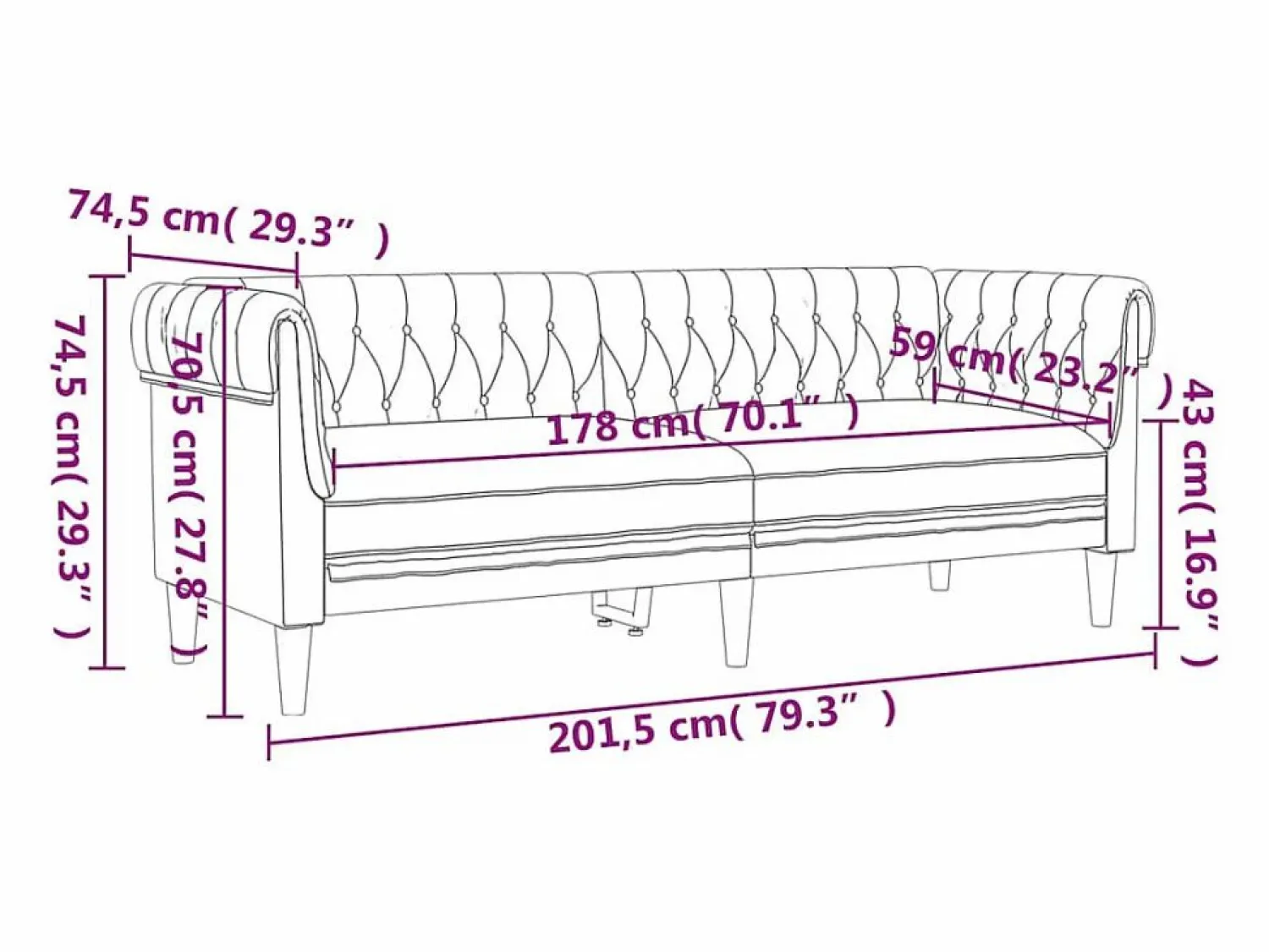 Sofá Chesterfield de 3 plazas lino < vidaxl Clearance