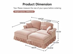 Sofá chesterfield 2 plazas en felpa - con 2 otomanas y 2 cojines - falda desmontable - 194x140x93cm < DripeX Outlet