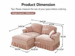 Sofá chesterfield 2 plazas en felpa - con otomana y 2 cojines - falda desmontable - 194x140x93cm < DripeX Discount