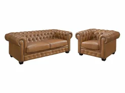 LINEA SOFA Conjunto Sofá Y Sillón | Sofá chesterfield 3+1 plazas 100% piel de búfalo Caramel vintage BRENTON