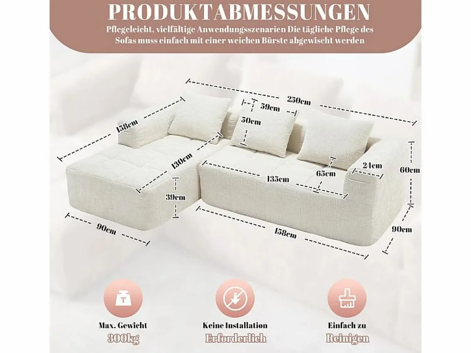 Sofá cónvertible de esquina en tejido Chenille - 3 plazas - con 3 cojines - - 250x158x60cm < DripeX