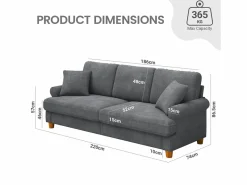DripeX Sofá - 3 Plazas|Sofá De Tela * Sofá de comodidad de 3 salones, tela de oruga, con reposabrazos, cojines y 2 almohadas, carga máxima 365 kg - 220x76x86 cm Gris